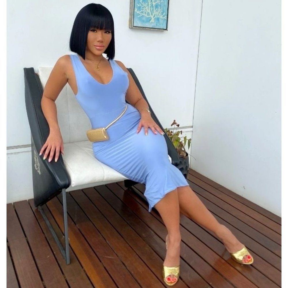 Blue Sleeveless V-Neck Bodycon Pencil Midi Dress - Picture 10 of 11